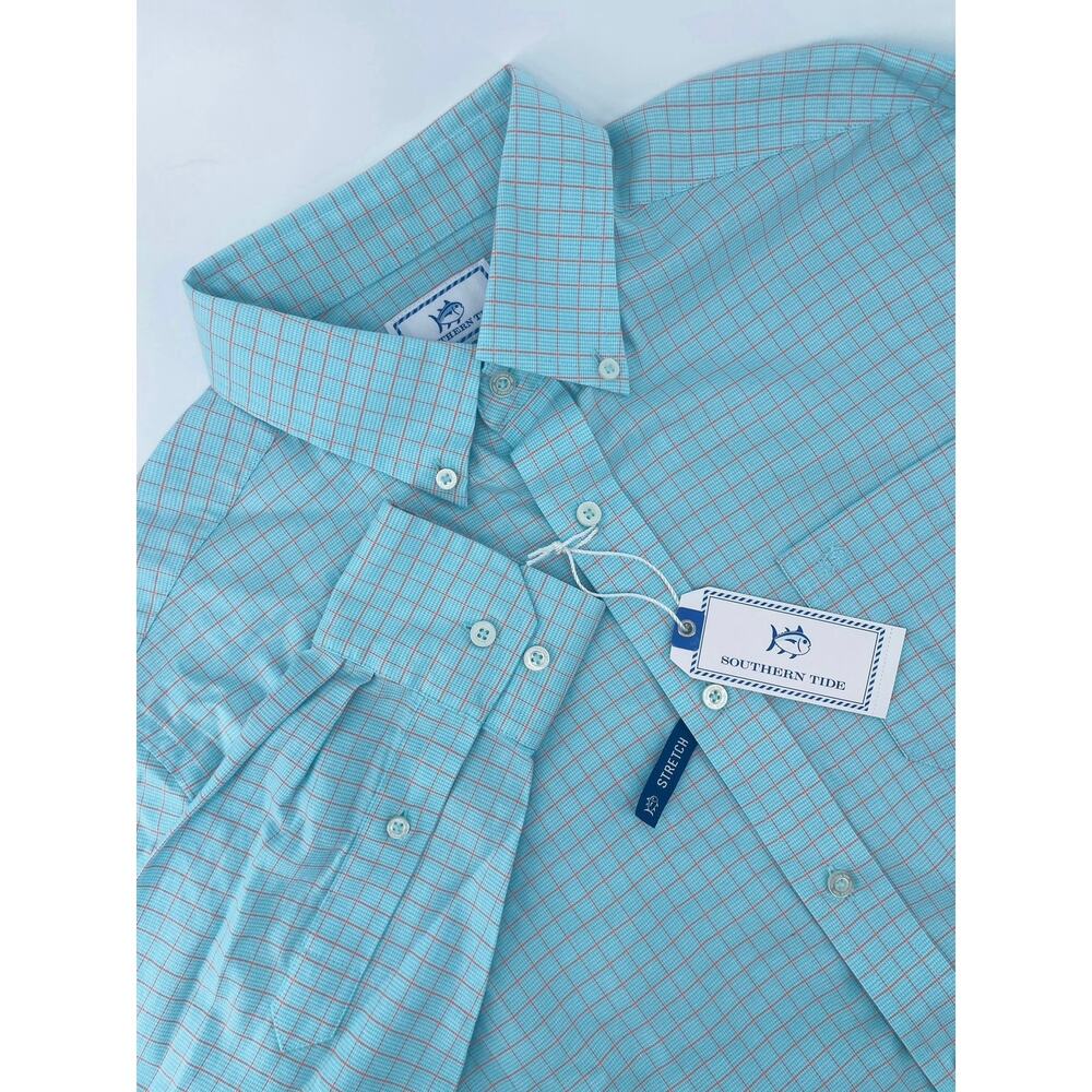Southern Tide Button Down Dress Shirt Men’s M Aqua Blue/Orange Check Classic Fit